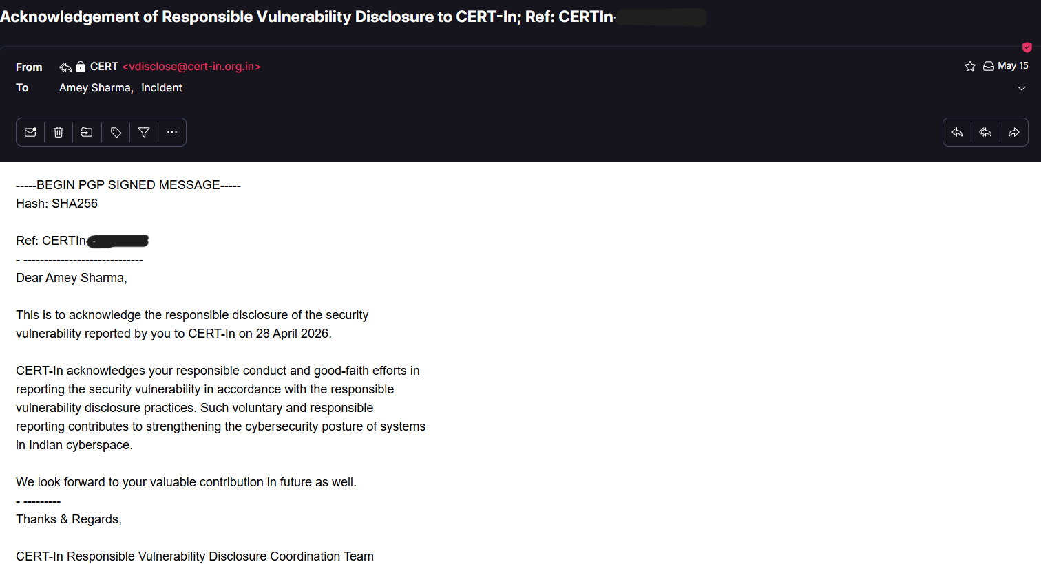 CERT-In Acknowledgement Letter